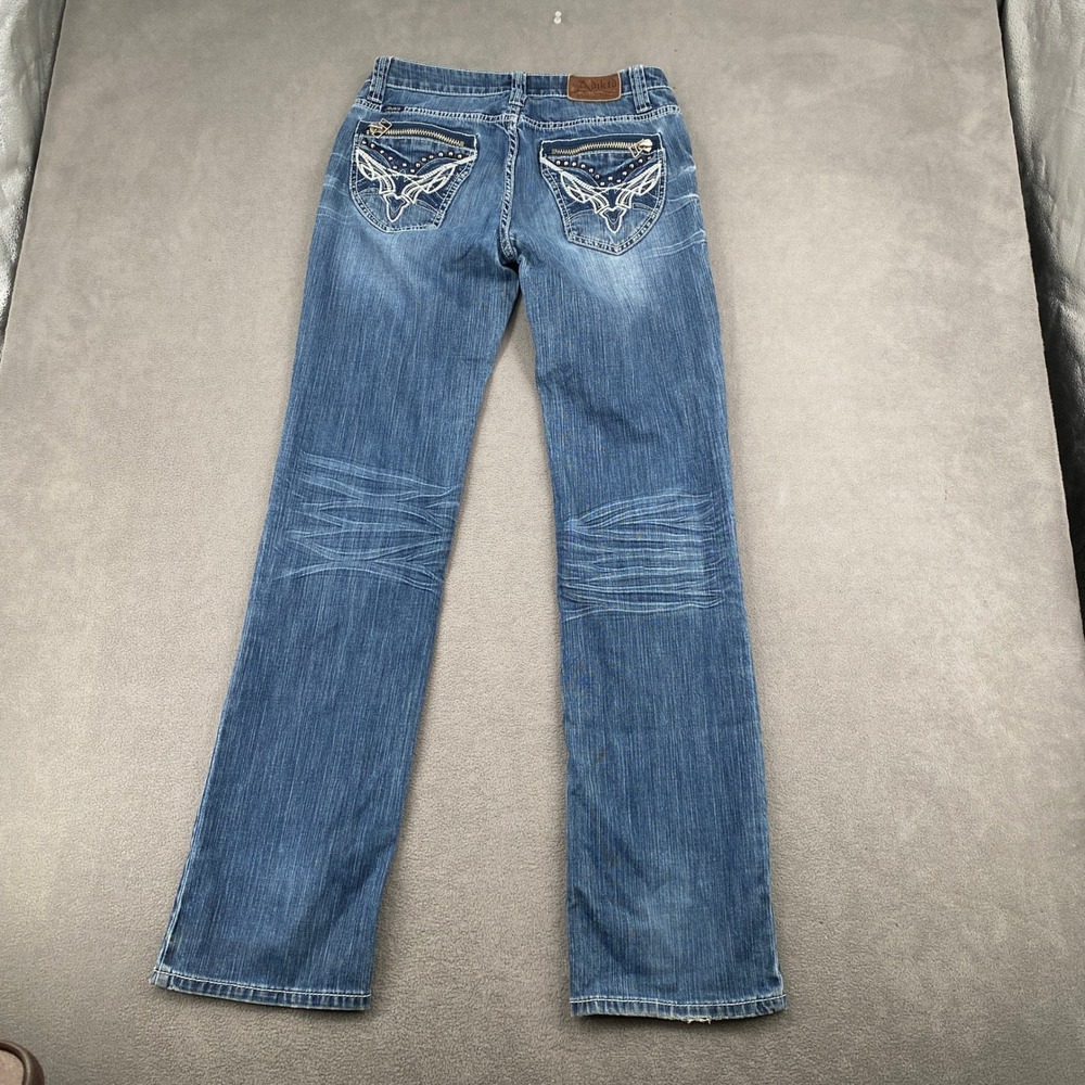 Adiktd Womens Y2K Embroidered Studded Zipper Bootcut Jeans Size 6 W29 Blue - Picture 4 of 11